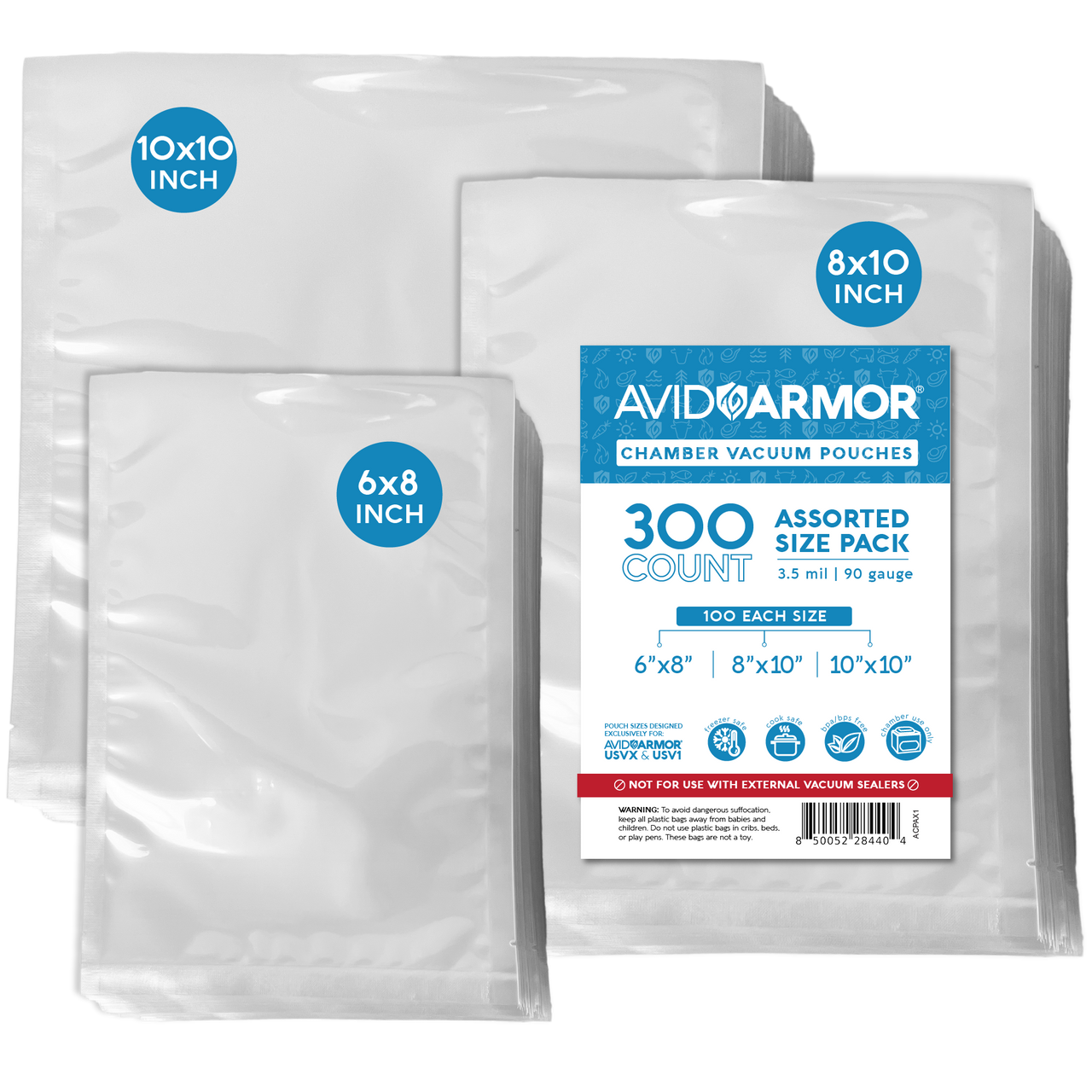Showcasing the Avid Armor 300 CT assorted size pack of chamber vacuum pouches, designed specifically for USVX and USV1 models. Includes a variety of sizes for versatile food storage.