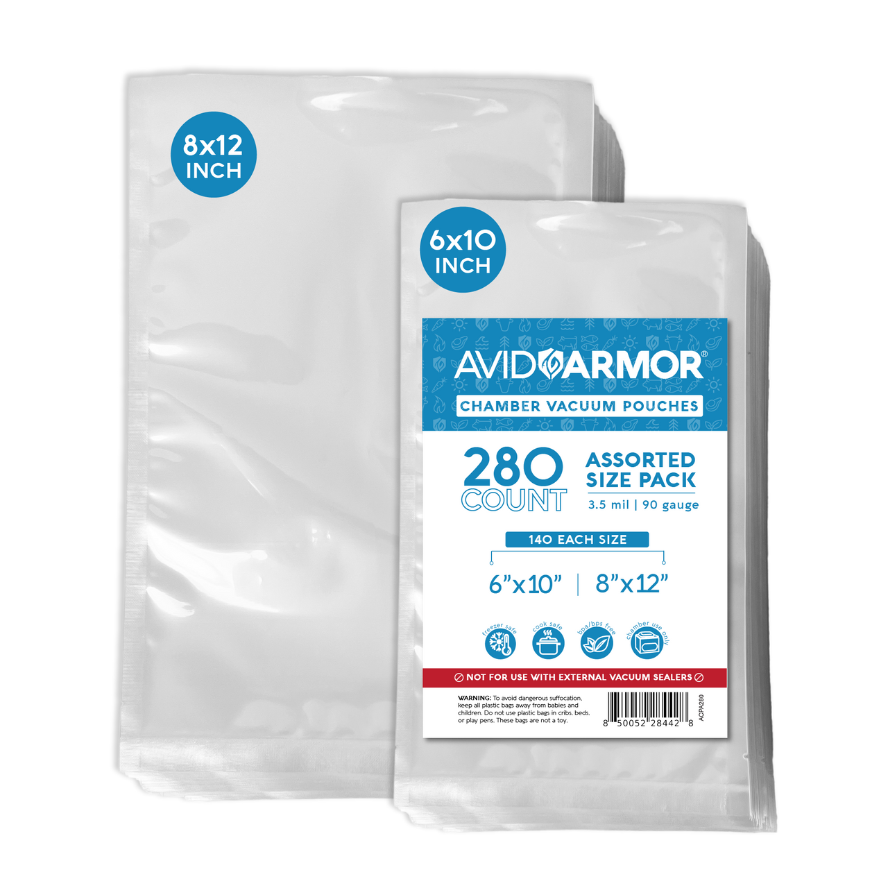 Avid Armor's assorted pack of 280 chamber vacuum pouches, showcasing the varied sizes (6x10 inches and 8x12 inches) and premium 3.5 mil thickness for superior food preservation.