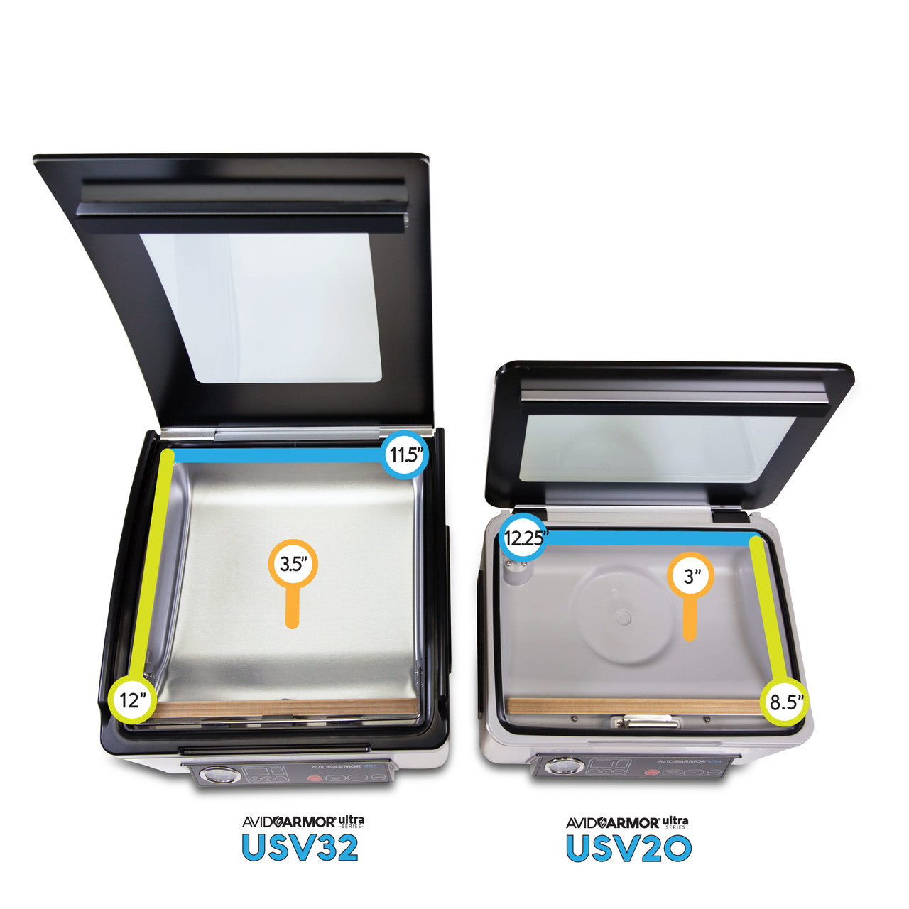 Dimensions comparing the chamber size of the USV32 against the chamber size of the USV20.