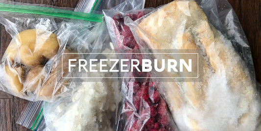 Frozen food with freezer burn stored in zipper bags including fish fruit and vegetables after long freezer storage