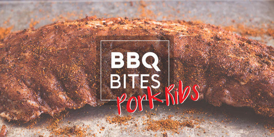 Seasoned raw pork ribs with dry rub on a tray, ready for vacuum sealing, with 'BBQ Bites Pork Ribs' text overlay.