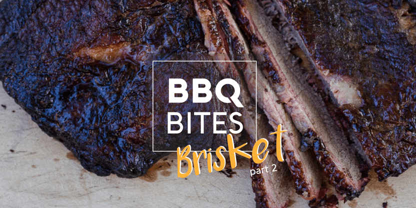 Sliced smoked beef brisket on a cutting board with 'BBQ Bites Brisket Part 2' text promoting vacuum sealing leftovers.
