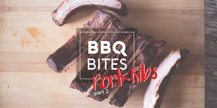 Smoked pork ribs sliced on a wooden board with 'BBQ Bites Pork Ribs Part 2' text, highlighting vacuum-sealed leftovers.