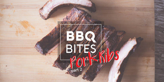 Smoked pork ribs sliced on a wooden board with 'BBQ Bites Pork Ribs Part 2' text, highlighting vacuum-sealed leftovers.