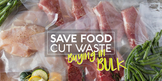 Vacuum-sealed portions of chicken, beef, pork, and green beans with the text ‘Save Food, Cut Waste – Buying in Bulk’, promoting food preservation and freezer organisation