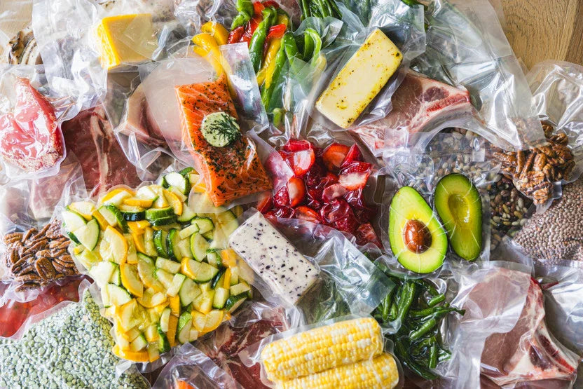 Variety of vacuum-sealed fruits, vegetables, meats, and cheeses using Avid Armor chamber vacuum sealer
