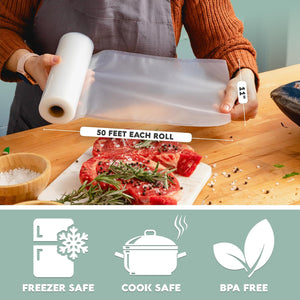 Person holding a roll of vacuum seal wrap with raw meat on a cutting board, featuring icons for freezer safe, cook safe, and BPA free.