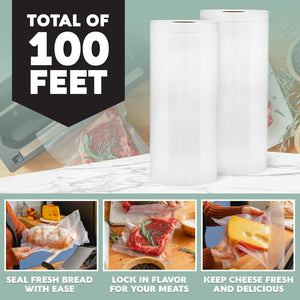 Two rolls of food wrap with images showing its use on food items.