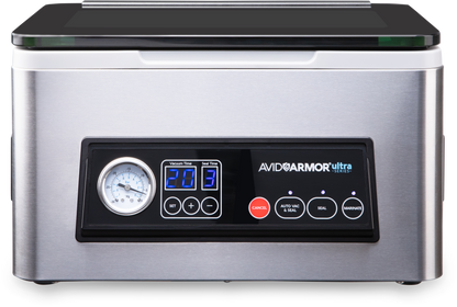 The USV20 chamber vacuum sealer, front view, with the vacuum gauge and digital vacuum and seal time display.