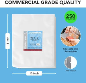 A pack of Avid Armor 10x13 inch chamber vacuum pouches shown on a light blue background with dimension labels indicating 10 inch height and 13 inch width, plus callout graphics for 250 pouches, reusable resealable material, and tear notch quality.