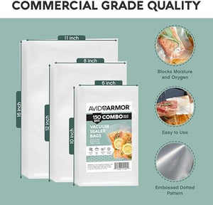 Avid Armor Vacuum Sealer Bags, 150 Pack - 50 11"x16", 50 8"x12", 50 6"x10"