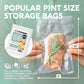 A person holds a packaged food item in a clear pint-size vacuum storage bag against a mint green background. Large text reads 'POPULAR PINT SIZE STORAGE BAGS,' with a product package inset on the left and size arrows showing 10 inches tall by 6 inches wide.