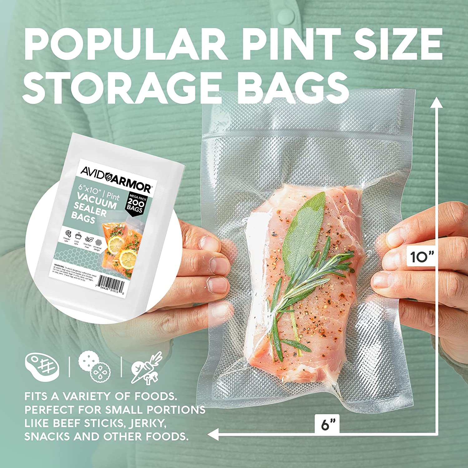 A person holds a packaged food item in a clear pint-size vacuum storage bag against a mint green background. Large text reads 'POPULAR PINT SIZE STORAGE BAGS,' with a product package inset on the left and size arrows showing 10 inches tall by 6 inches wide.