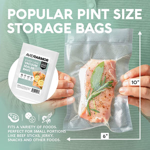A person holds a packaged food item in a clear pint-size vacuum storage bag against a mint green background. Large text reads 'POPULAR PINT SIZE STORAGE BAGS,' with a product package inset on the left and size arrows showing 10 inches tall by 6 inches wide.