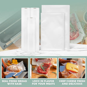 Assorted Avid Armor vacuum sealer bags and rolls for food storage and meal prep, including BPA-free, heavy-duty pre-cut quart and pint bags and custom-cut rolls; shown sealing fresh bread, raw steak, and block cheese for sous vide cooking, freezer storage, and pantry organization.