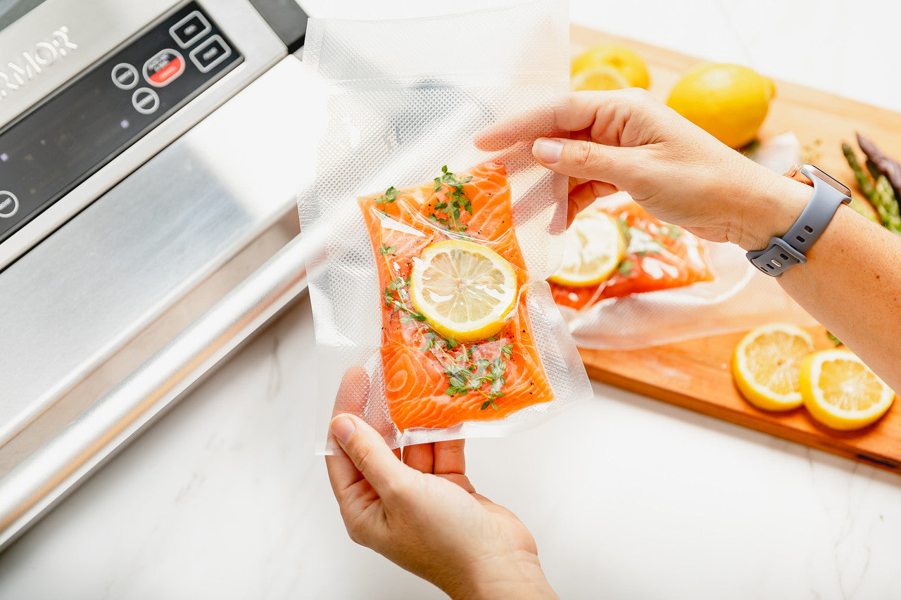 Vacuum sealed Salmon in an Avid Armor sealer bag with the new model A420 Vac Sealer Machine
