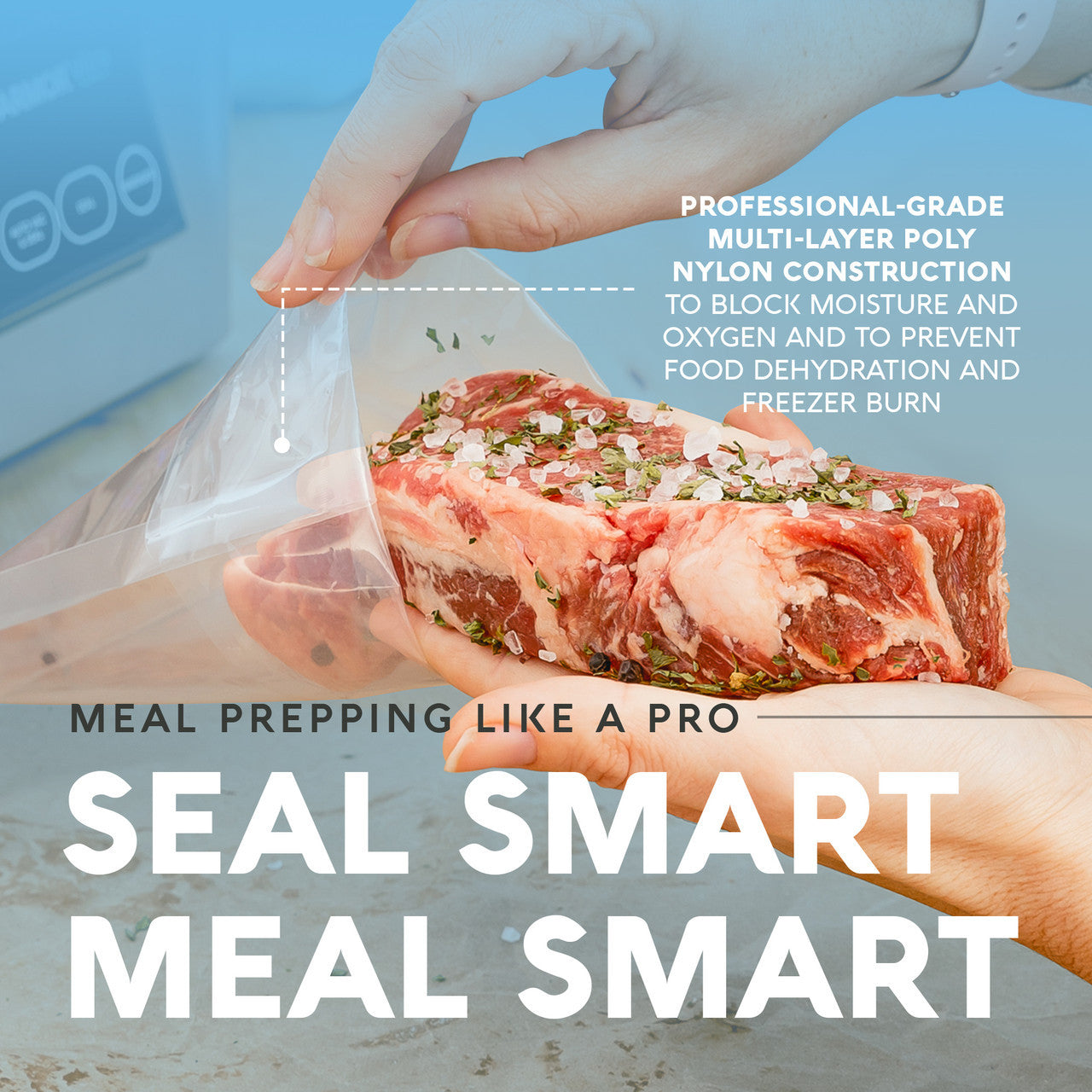 Close-up of Avid Armor’s 300 CT assorted size chamber vacuum pouches, crafted with 3.5-mil thickness for durability and freezer protection. Designed for the USV32 chamber vacuum sealer, ensuring you can Seal Smart and Meal Smart with optimal freshness.