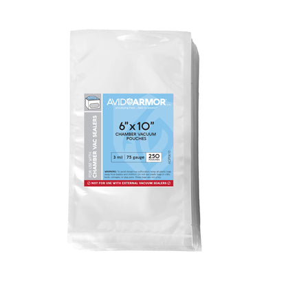 Avid Armor 6 x 10 inch chamber vacuum pouches packaging on a white background