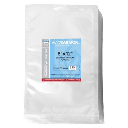 A pack of Avid Armor 8x12 inch chamber vacuum pouches on a white background