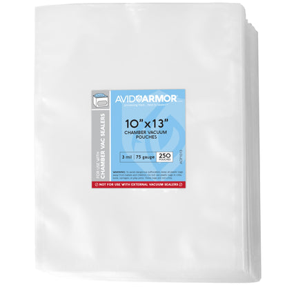 Avid Armor 10" x 13" chamber vacuum pouches on a white background