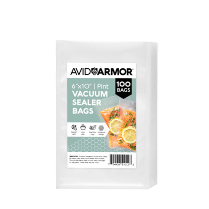Avid Armor 6 x 10 inch vacuum sealer bags on a white background