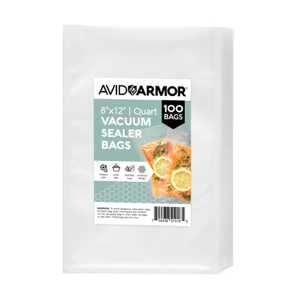 Avid Armor 8 x 12 inch 100 count vacuum sealer bags on a white background
