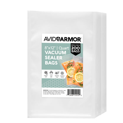 Avid Armor quart vacuum sealer bags in a 200 count on a white background