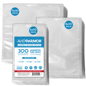 Close-up of Avid Armor’s 300 CT chamber vacuum pouches, featuring a 3.5-mil thickness for exceptional durability and freezer protection. Designed specifically for the USV20 chamber vacuum sealer to ensure optimal food preservation.