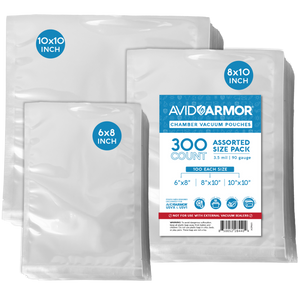 Showcasing the Avid Armor 300 CT assorted size pack of chamber vacuum pouches, designed specifically for USVX and USV1 models. Includes a variety of sizes for versatile food storage.