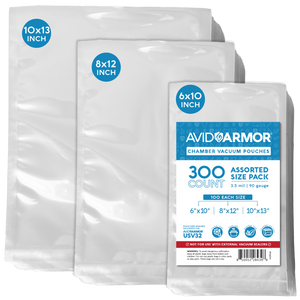 Avid Armor Chamber Vacuum Pouches Assorted Size Pack - 300 count. The Assorted Size pack comes with 100 each 6" x 10" pint size bags, 8" x 10" quart size bags, 10" x 13" size bags.