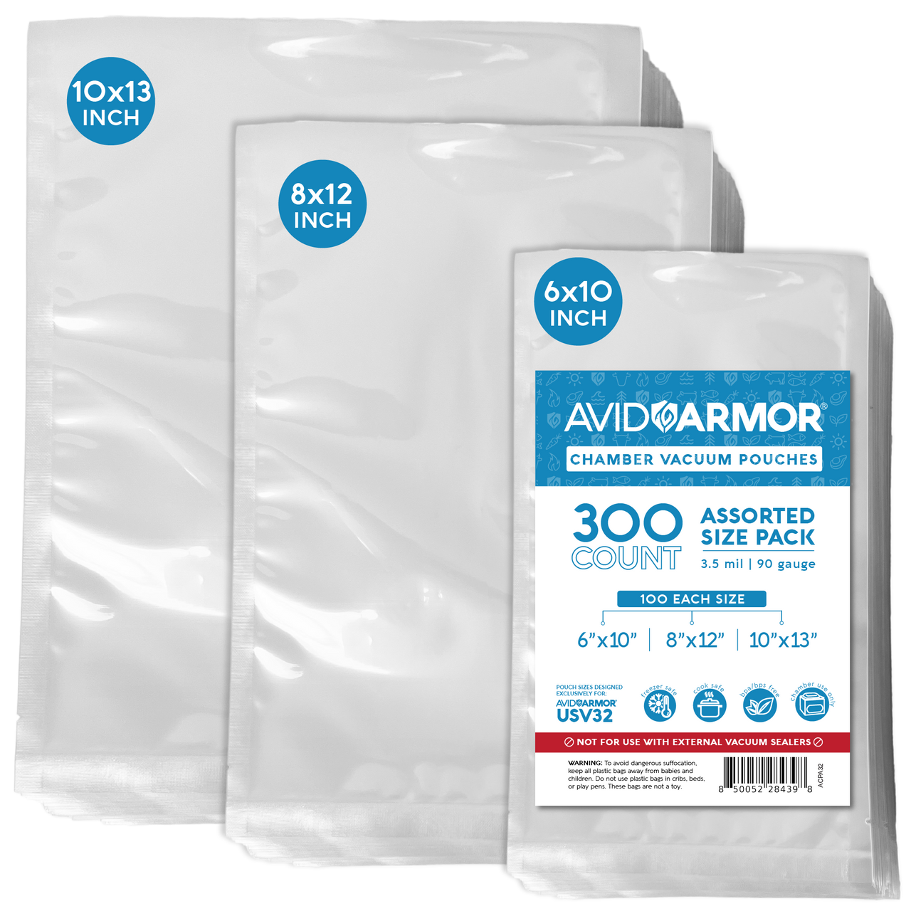 Avid Armor Chamber Vacuum Pouches Assorted Size Pack - 300 count. The Assorted Size pack comes with 100 each 6" x 10" pint size bags, 8" x 10" quart size bags, 10" x 13" size bags.