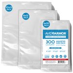 Avid Armor Chamber Vacuum Pouches Assorted Size Pack - 300 count. The Assorted Size pack comes with 100 each 6" x 10" pint size bags, 8" x 10" quart size bags, 10" x 13" size bags.