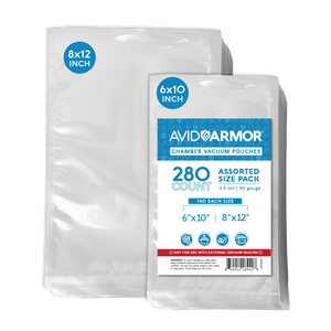 Avid Armor's assorted pack of 280 chamber vacuum pouches, showcasing the varied sizes (6x10 inches and 8x12 inches) and premium 3.5 mil thickness for superior food preservation.