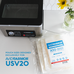 Image showcasing Avid Armor’s 300 CT assorted size pack of chamber vacuum pouches, tailored for the USV20 model. Includes various sizes to meet all your food storage and preservation needs.