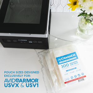 Close-up of Avid Armor’s 300 CT chamber vacuum pouches, featuring premium 3.5-mil thickness for exceptional durability and protection. Ideal for use with USVX and USV1 vacuum sealers.