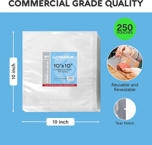 A pack of Avid Armor 10x10 inch chamber vacuum pouches shown on a light blue background with dimension labels indicating 10 inch height and width, plus callout graphics for 250 pouches, reusable resealable material, and tear notch quality.