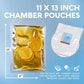 A product infographic showing 11 x 13 inch chamber pouches. On the left, a filled pouch contains yellow liquid and orange slices with dimension lines indicating 13 by 11 inches.