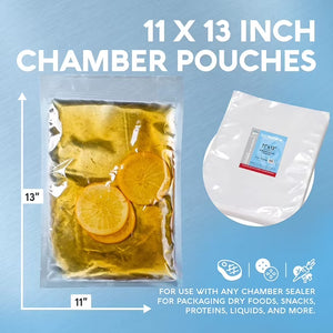 A product infographic showing 11 x 13 inch chamber pouches. On the left, a filled pouch contains yellow liquid and orange slices with dimension lines indicating 13 by 11 inches.