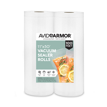 Two Avid Armor vacuum sealer rolls with a salmon and lemon package on a white background