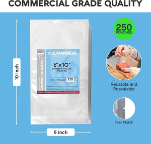 Avid Armor 6x10 inch chamber vacuum pouches pack on a light blue background, with dimension labels showing 10 inch height and 6 inch width, plus a green circle stating 250 pouches and circular usage/features callouts.
