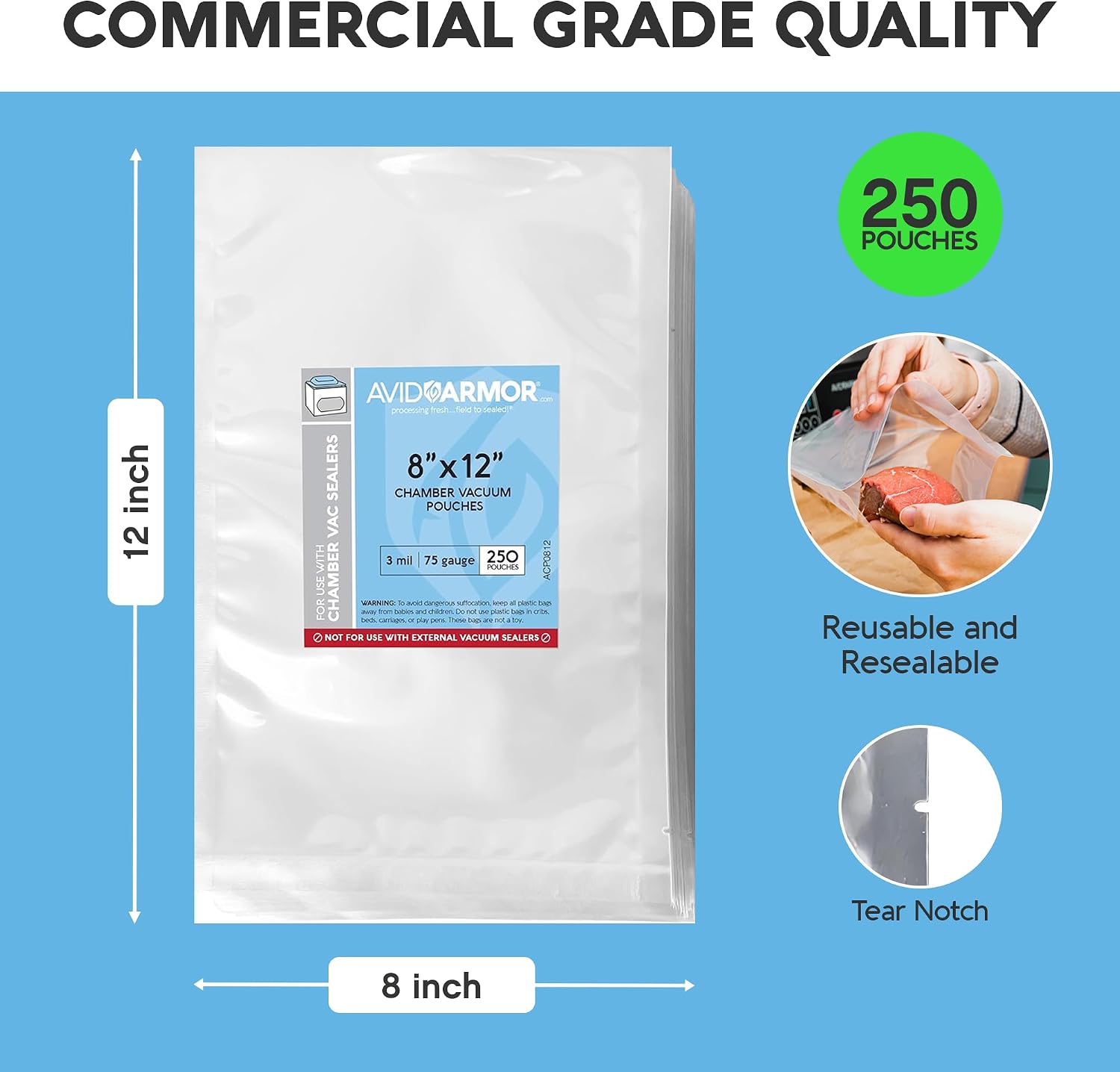 Avid Armor vacuum seal bag with dimensions and features on a blue background