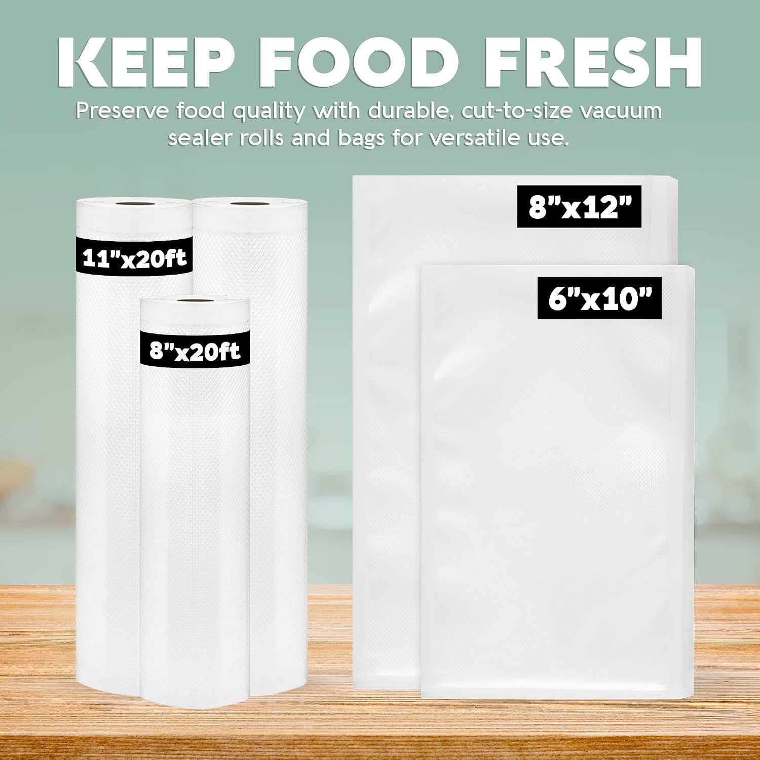 Rolls of vacuum sealer bags with dimensions on a wooden surface against a light green background.