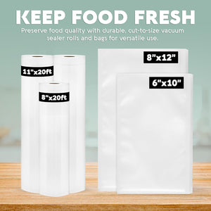 Rolls of vacuum sealer bags with dimensions on a wooden surface against a light green background.