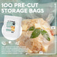 Avid Armor pre-cut vacuum seal bags with a large bag containing food items on a gradient background.