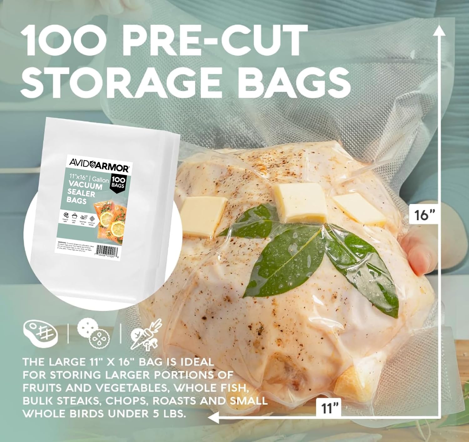 Avid Armor pre-cut vacuum seal bags with a large bag containing food items on a gradient background.