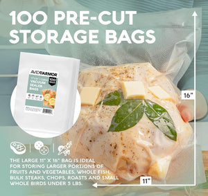 Avid Armor pre-cut vacuum seal bags with a large bag containing food items on a gradient background.