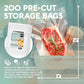A person holds a pre-cut vacuum sealer bag containing raw meat over a clear container, with text reading '200 PRE-CUT STORAGE BAGS' and size callouts of 12 inches by 8 inches. A package inset shows the AvidArmor branding and product packaging.