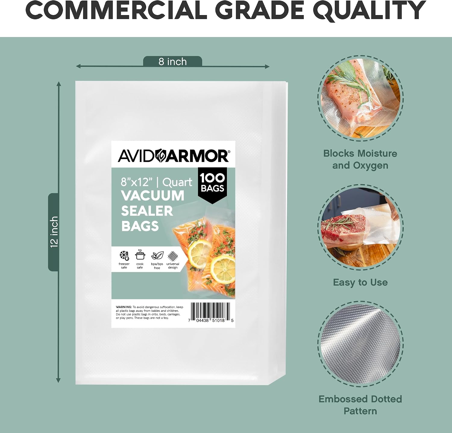 Avid Armor vacuum sealer bag package shown on a light gray background with measurement labels indicating 8 inch by 12 inch dimensions. The package reads 'Commercial Grade Quality' and '8 x 12" Quart Vacuum Sealer Bags' with '100 Bags' highlighted.