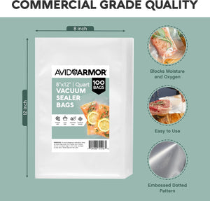 Avid Armor vacuum sealer bag package shown on a light gray background with measurement labels indicating 8 inch by 12 inch dimensions. The package reads 'Commercial Grade Quality' and '8 x 12" Quart Vacuum Sealer Bags' with '100 Bags' highlighted.