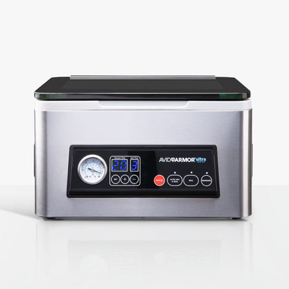 Front view of Avid Armor Ultra Series USV20 stainless steel chamber vacuum sealer on white background